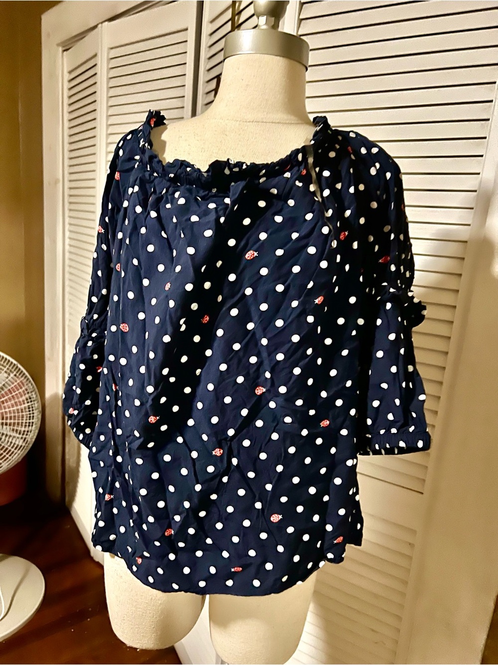 Crown Navy Polka Dot Off-Shoulder Top with Red Accents